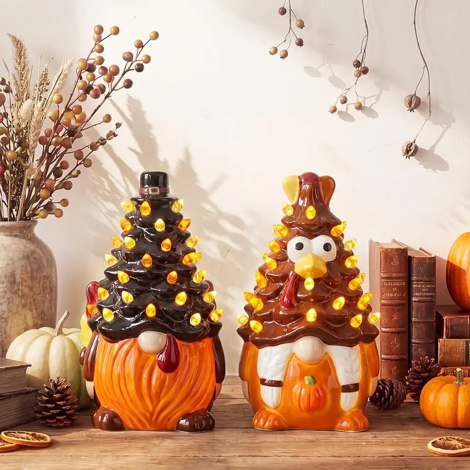 Fumete 2 Pack Thanksgiving Turkey Decoration for Home Ceramic Turkey Gnome