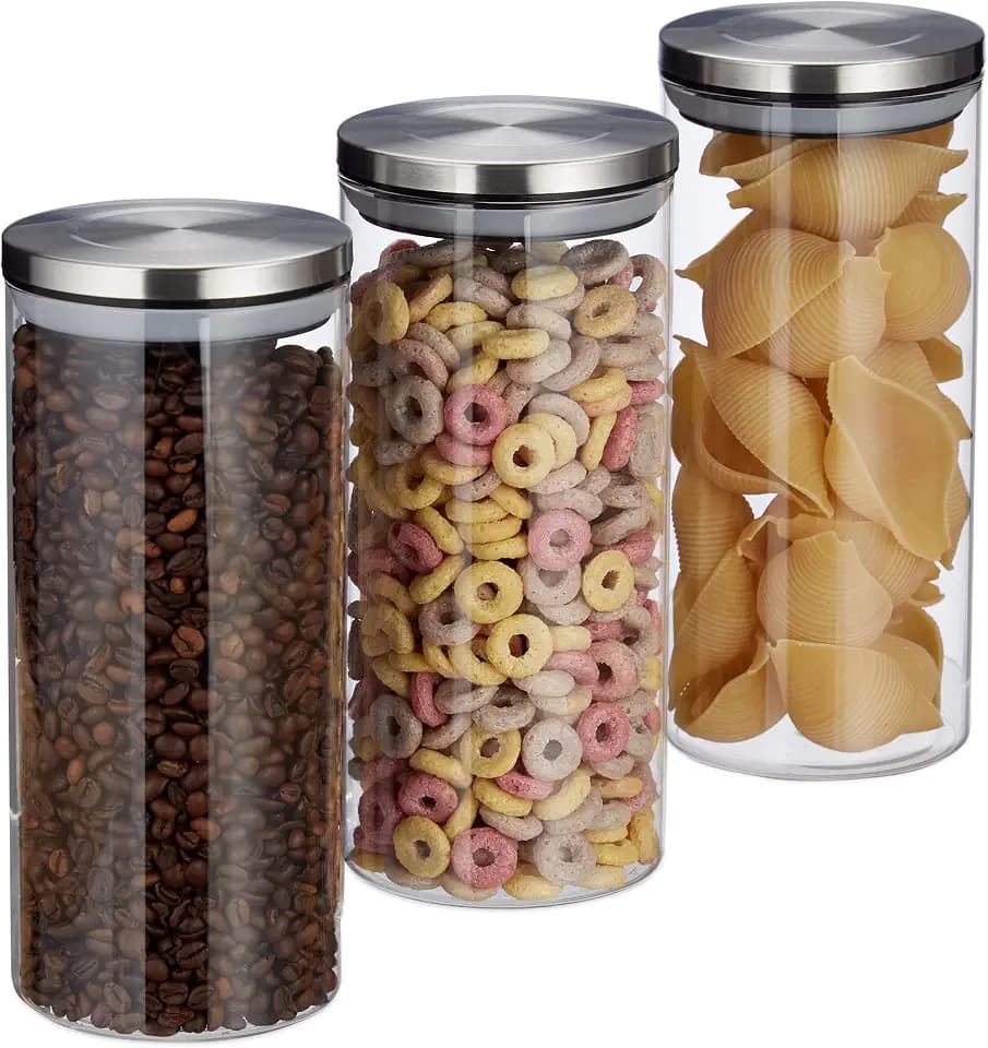 Relaxdays Vorratsglas 3er Set, 1,3 L, luftdicht, transparent