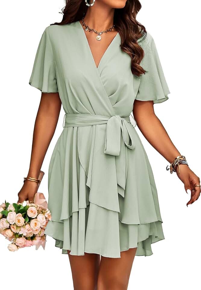 Jiraewh Damen Chiffon Kurz Kleid V-Ausschnitt Kurzarm Sommerkleid Tunika Kleider Einfarbig Elegant Rüschen Minikleid Casual Swing Skater Kleid Hohe Taille Partykleid Wickelkleid mit Gürtel