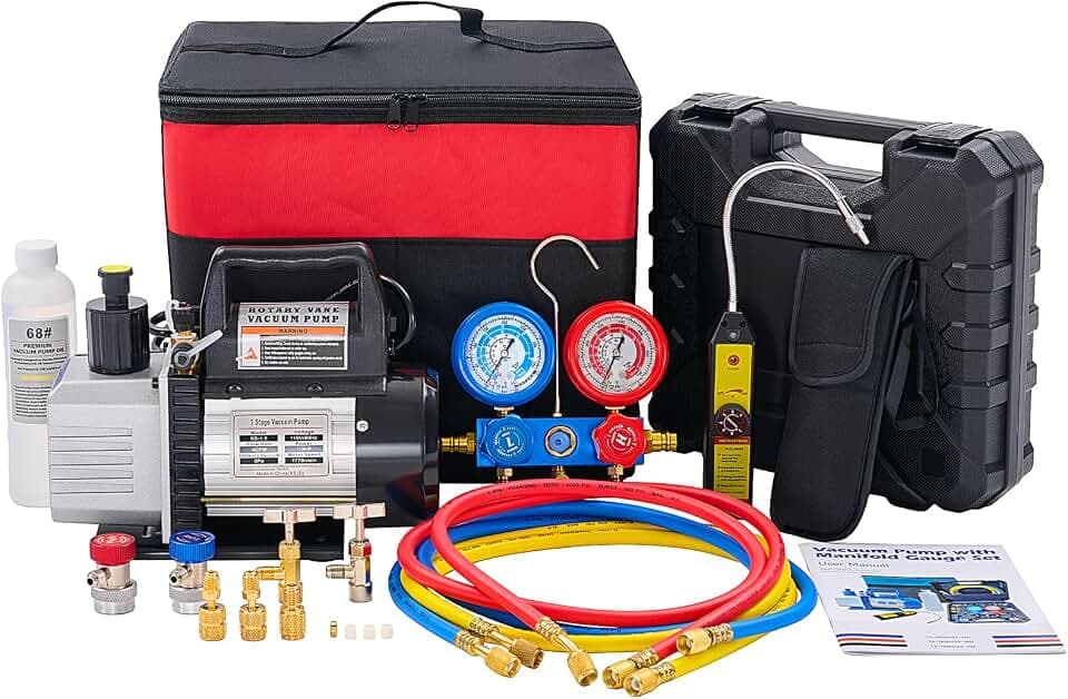 NEWBULIG 4CFM AC Single Stage Vacuum Pump, Complete Kit with Leak Detector
