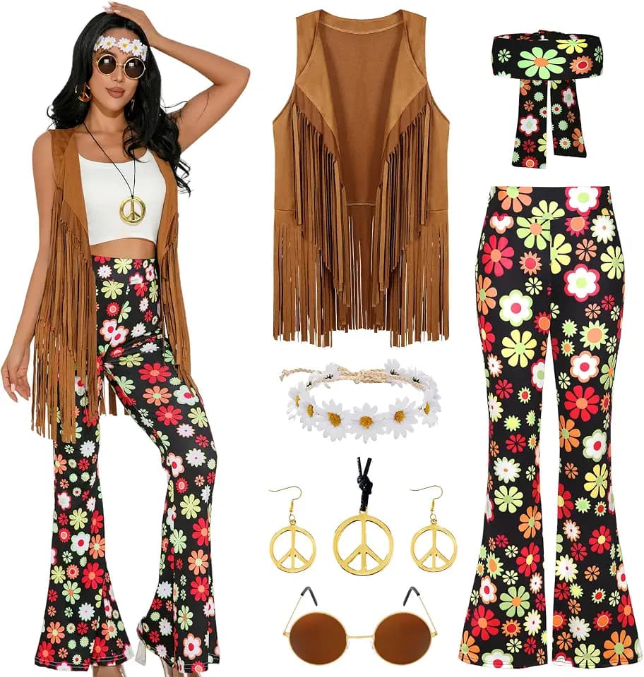 GERVAISE Womens 60s 70s Outfit Disco Hippie Costume Fringe Vest Boho Pants Accessories Set