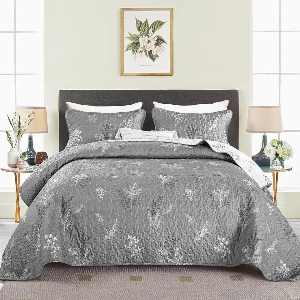 DJY King Size Grey Botanical Quilt Set, Floral Bedspread Coverlet