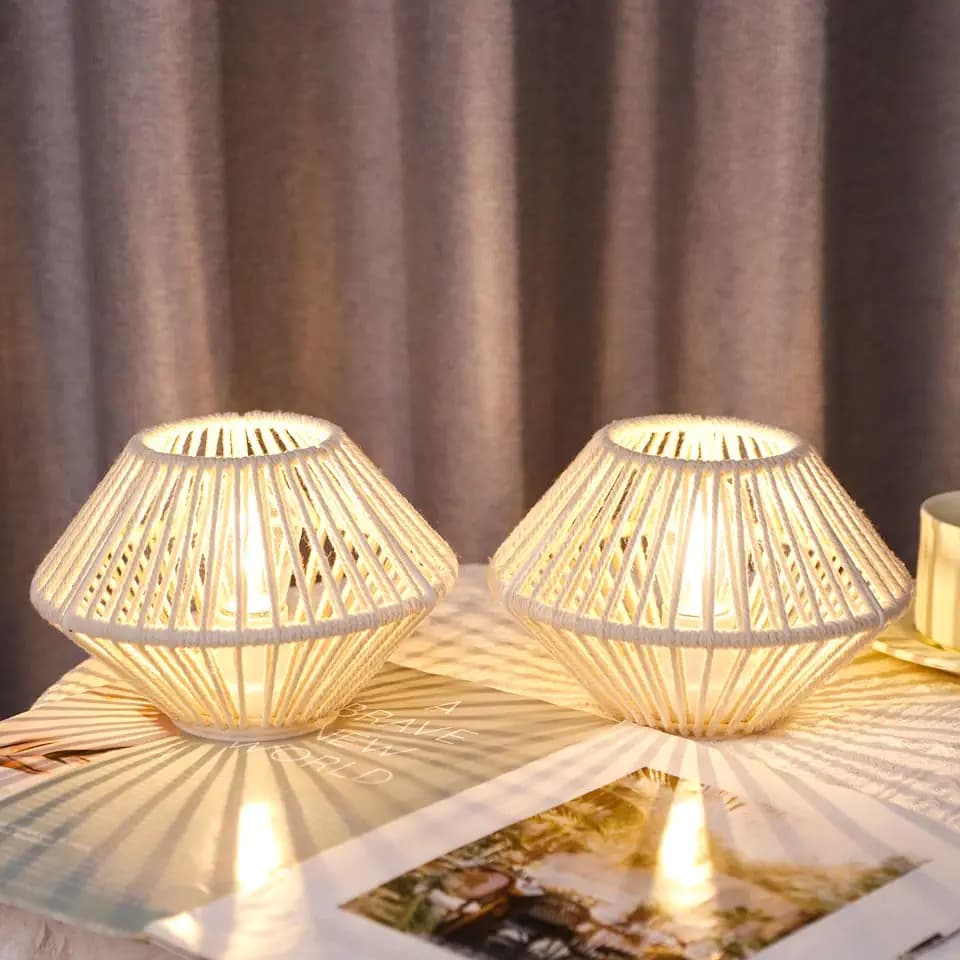 TRIROCKS Woven Cotton Rope Table Lamp Set of 2, 5" Cordless Battery Operated Desk Lamp, Boho Wireless LED Lamps for Indoor/Outdoor Bedroom Living Room Weddings Parties Patio Events