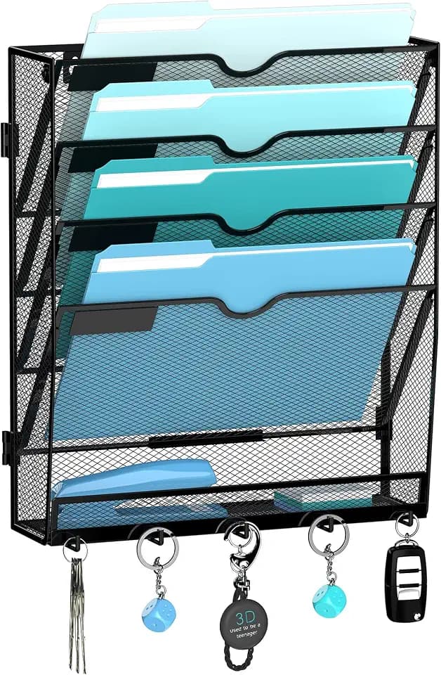 5-Tier Wall File Organizer and Mail Organizer with 5 Hooks, Black