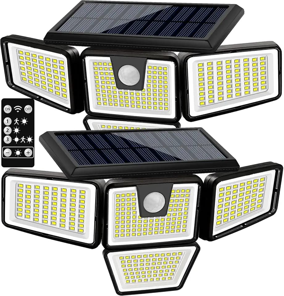 Solar Lights Outdoor 2 Pack, 300 LED Motion Sensor Lights, 4 Heads, IP65
