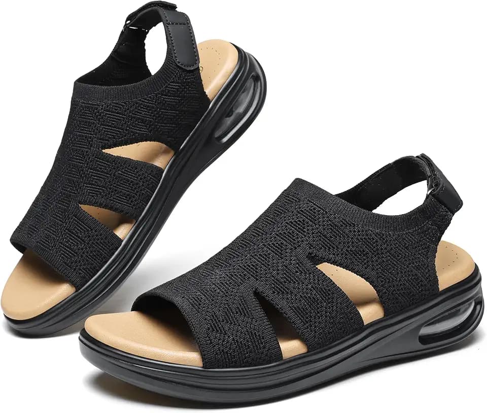 Womens Walking Sandals with Arch Support Air Cushion Comfortable Wedge Sandals for Women Non-Slip Breathable Knit Platform Shoes for Summer Travel Hiking Work Standing All Day