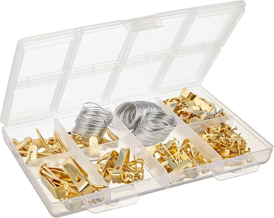 Amazon Basics Picture Hanging Hardware Assortment Kit, 220 Piece Set, Brass