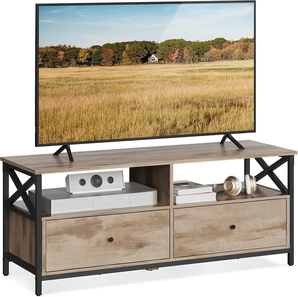 VASAGLE TV-Schrank, Lowboard für Fernseher bis zu 55 Zoll, 120 cm lang, Fernsehtisch mit 2 Schubladen, 2 offenen Fächern, 40 x 120 x 50 cm, Wohnzimmer, Stahlgestell, eichenbraun-schwarz LTV300B50