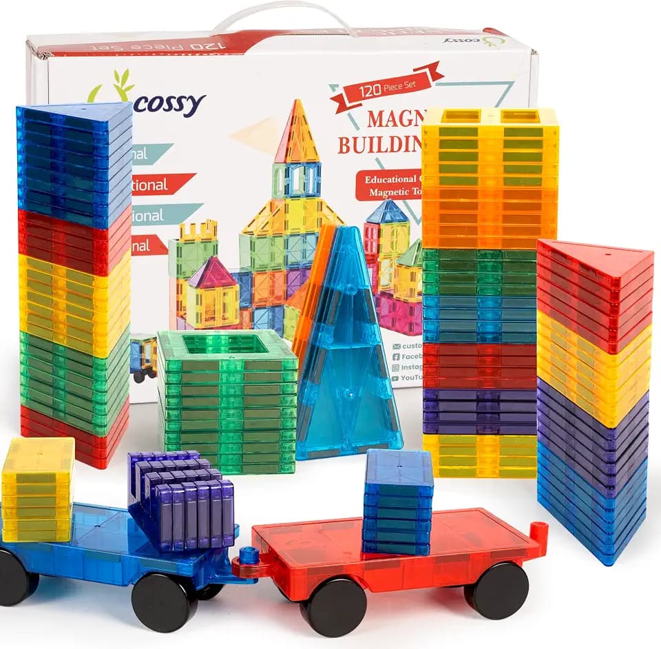 cossy 120 Pcs Magnetic Tiles, 3D Magnetic Blocks Set with 2 Cars, STEM Toys