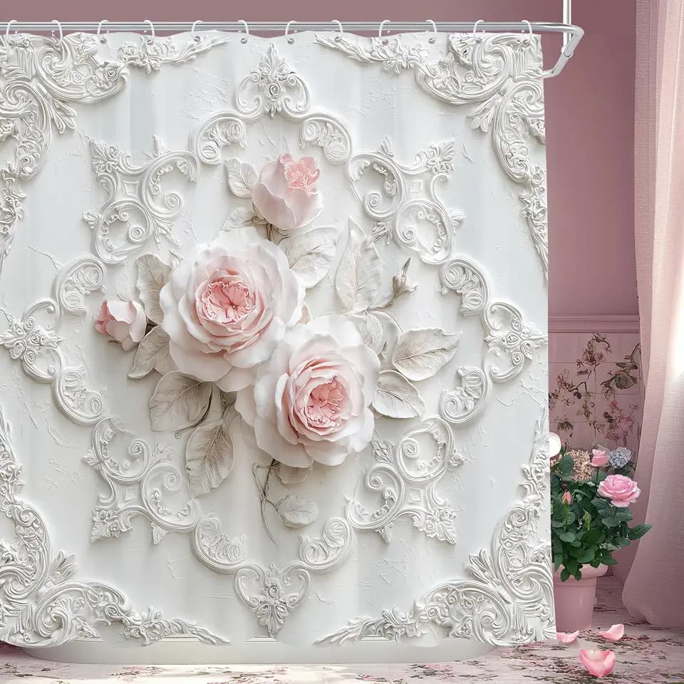 Pink Rose Floral Romantic Vintage Flower Relief Bathroom Shower Curtain Set