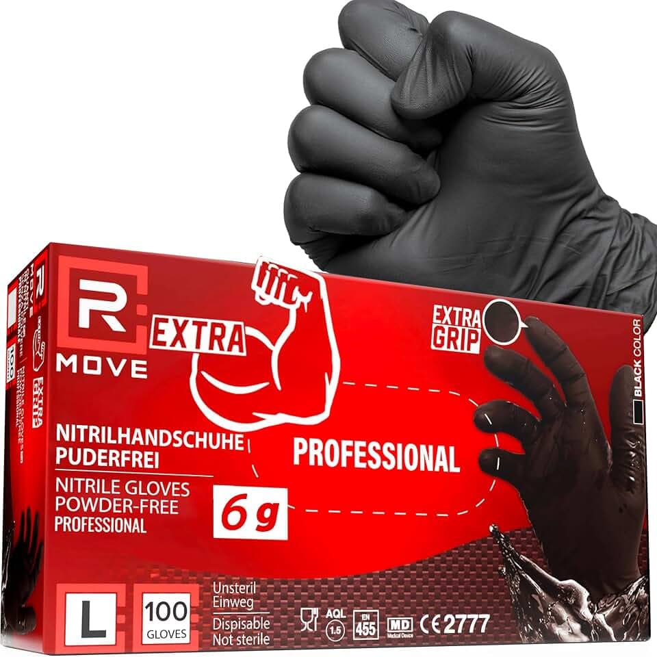 R MOVE 100 Einweghandschuhe Schwarz, Nitrilhandschuhe EXTRA BESTÄNDIG Einmalhandschuhe +60% Dicke 6gr puderfrei und latexfrei gummihandschuhe handschuhe einweg (L)