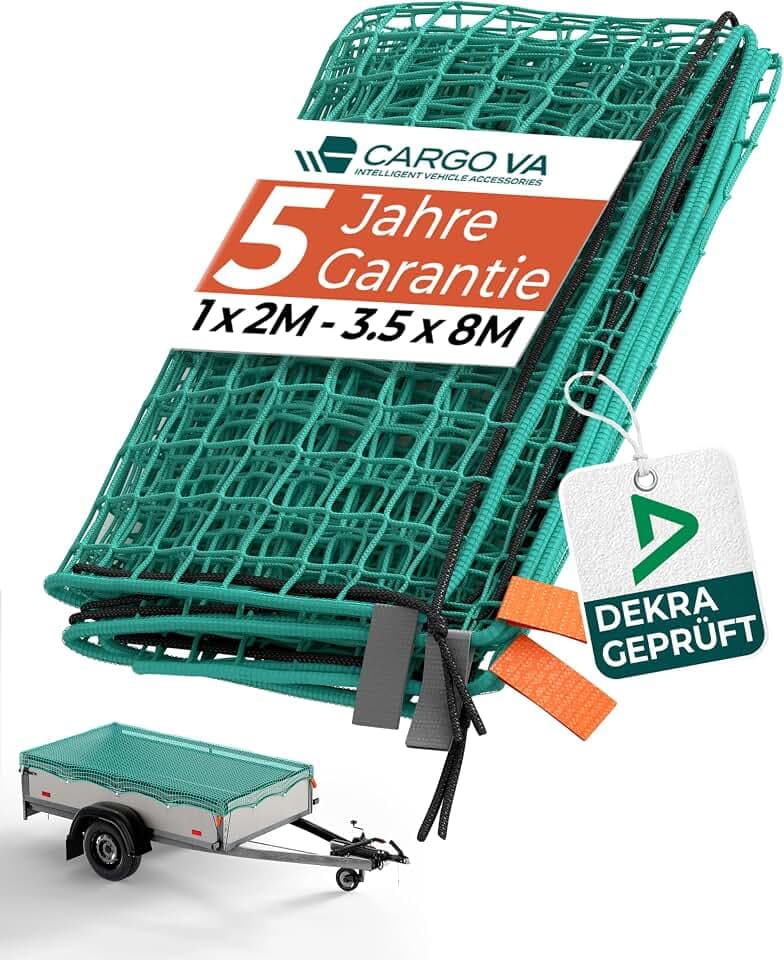CargoVA Anhängernetz 2,5x4,5M [DEKRA Geprüft] - Ladungssicherungsnetz mit Gummiseil & Eckenmarkierung - Abdecknetz für Anhänger, Reißfest