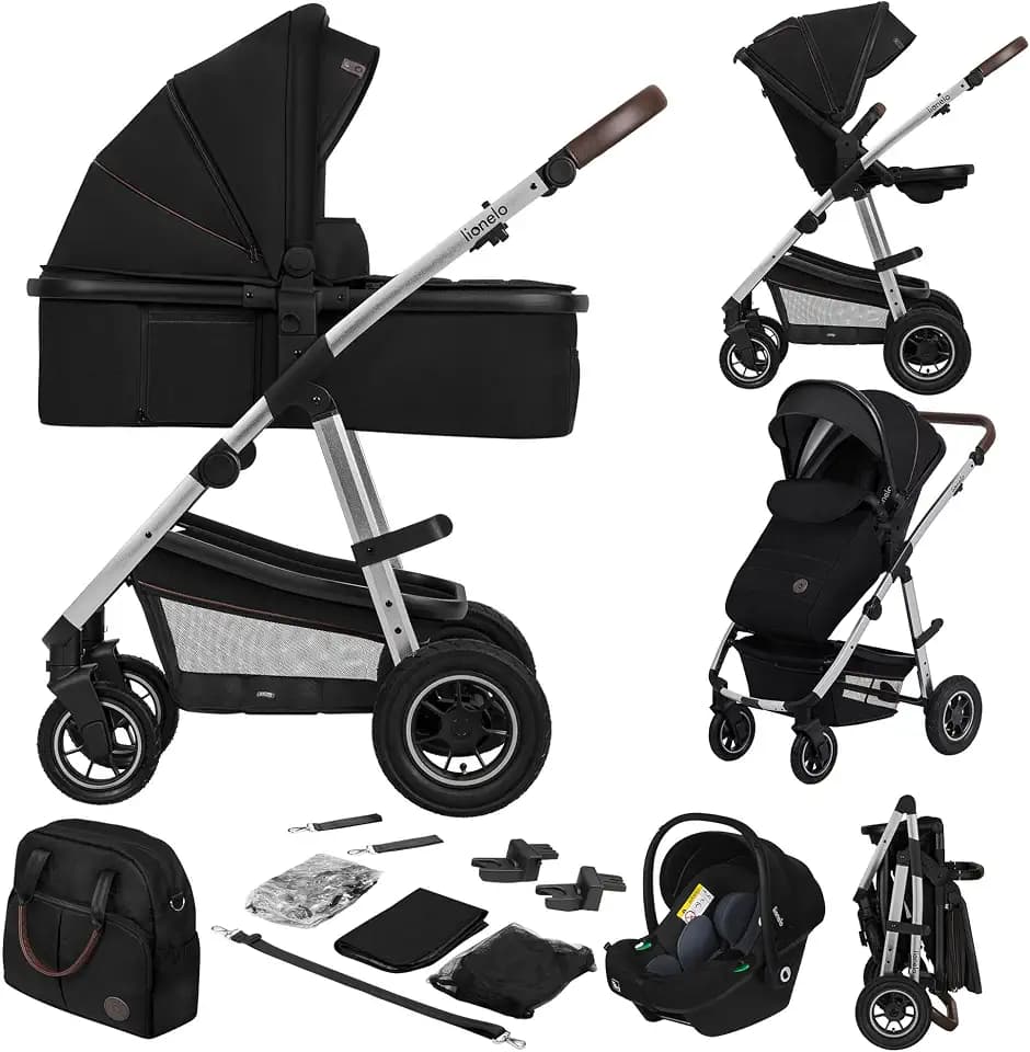 LIONELO Amber 3-in-1 Kombikinderwagen, Babywanne, Sportsitz, Autositz | i-Size (40–87 cm), Luftreifen, wendbar, XXL-Dach UPF 50+, Tasche, Moskitonetz, Regenschutz