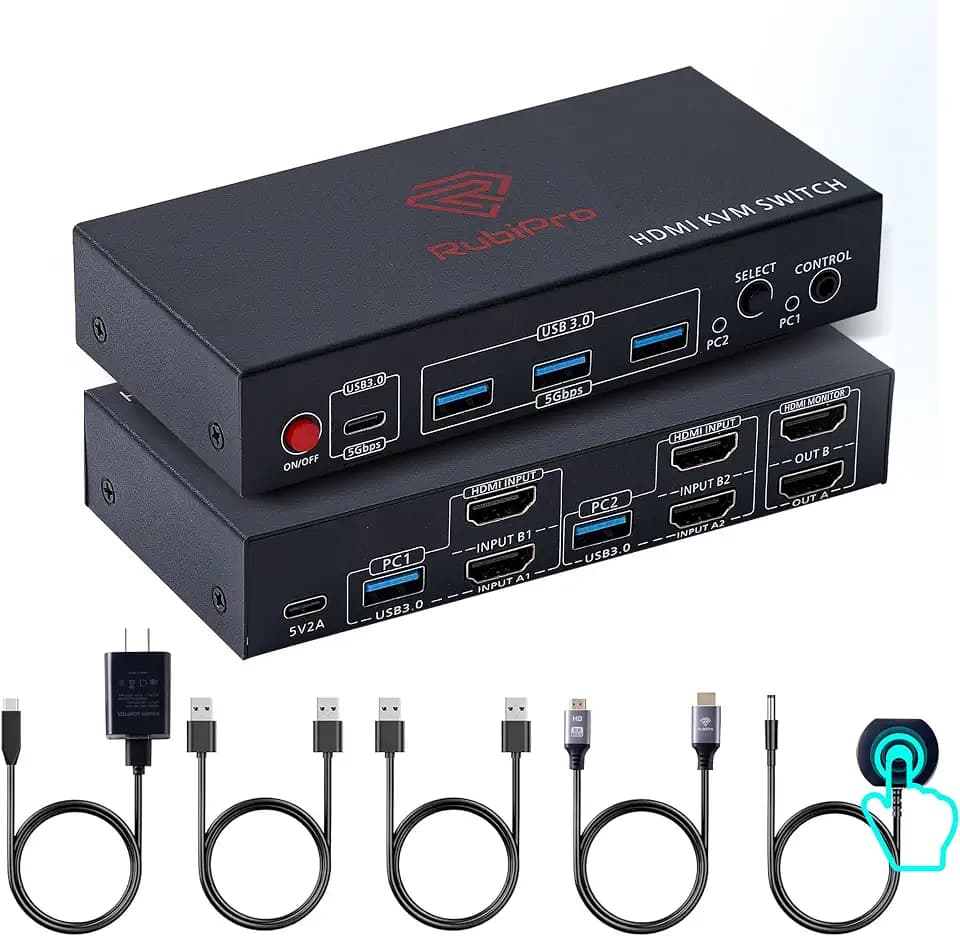 HDMI KVM Switch 2 Monitors 2 Computers – 8K@60Hz, 4K@120Hz, 4 Port USB 3.0 Hub (5Gbps), Wired Remote, Plug & Play for Windows/Mac/Linux with an additionl Braided 8K HDMI Cable