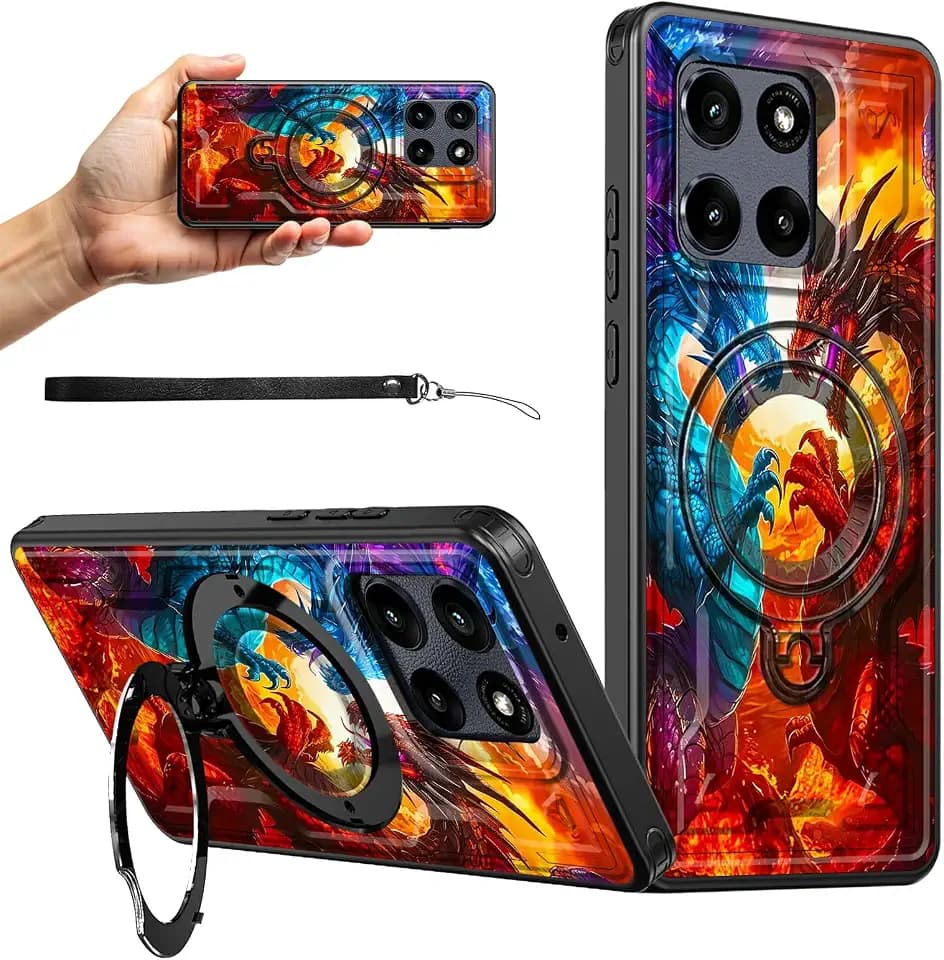 for Motorola Moto G Stylus 5G 2025 6.7 Inch Magnetic Case with Wrist Strap, Kickstand Anti-Scratch Hard PC Silicone Shockproof Protective Women Men Boy Phone Cases, Blue Red Dragon
