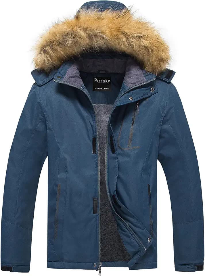 Pursky Men's Waterproof Ski Jacket Winter Snow Coats Fur Hooded Raincoats Parka