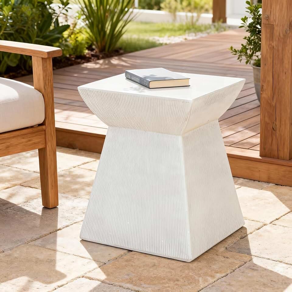 Christopher Knight Home Rell MGO Outdoor Side Table, Square Patio Decorative Small End Table with Pedestal Base, Lightweight Concrete Garden Accent Table for Patio Balcony, No Assembly, White