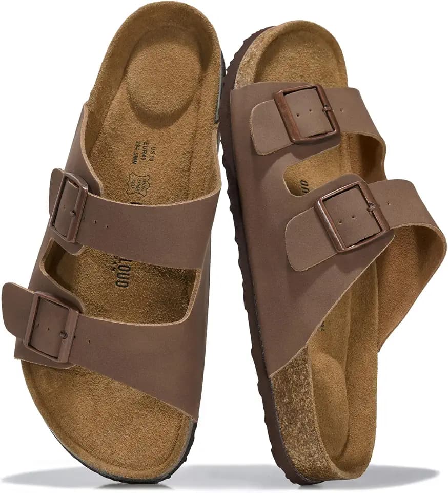 Mens Sandals, 100% Genuine Leather Mens Slides Cork Footbed Sandals for Men