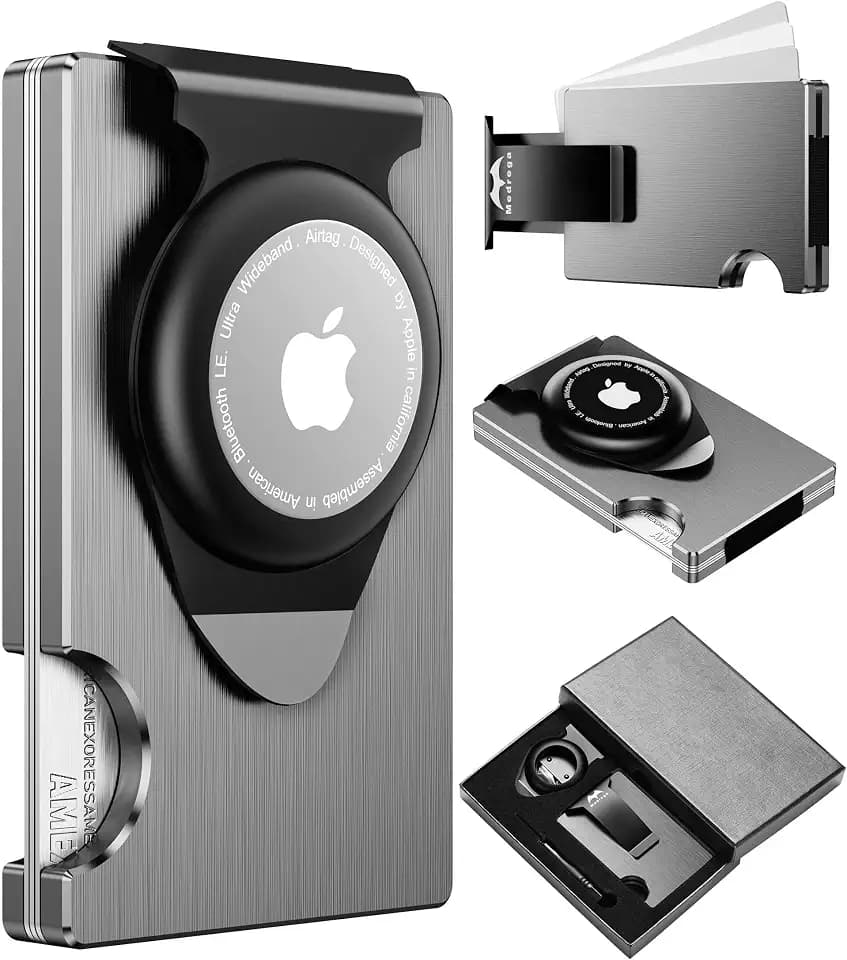 Apple Airtag Wallet Men Slim : Metal Air Tag Wallets Wallet with 2 Money Clip Replaceable Gift Boxed Set for Male Husband at Anniversay Brithday