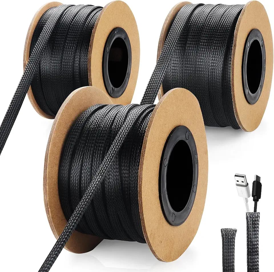300 Feet 1/4, 1/2, 3/8 Inches Braided Wire Loom PET Cable Loom Expandable Sleeving Braided Sleeve for TV, Computer, Home Theater