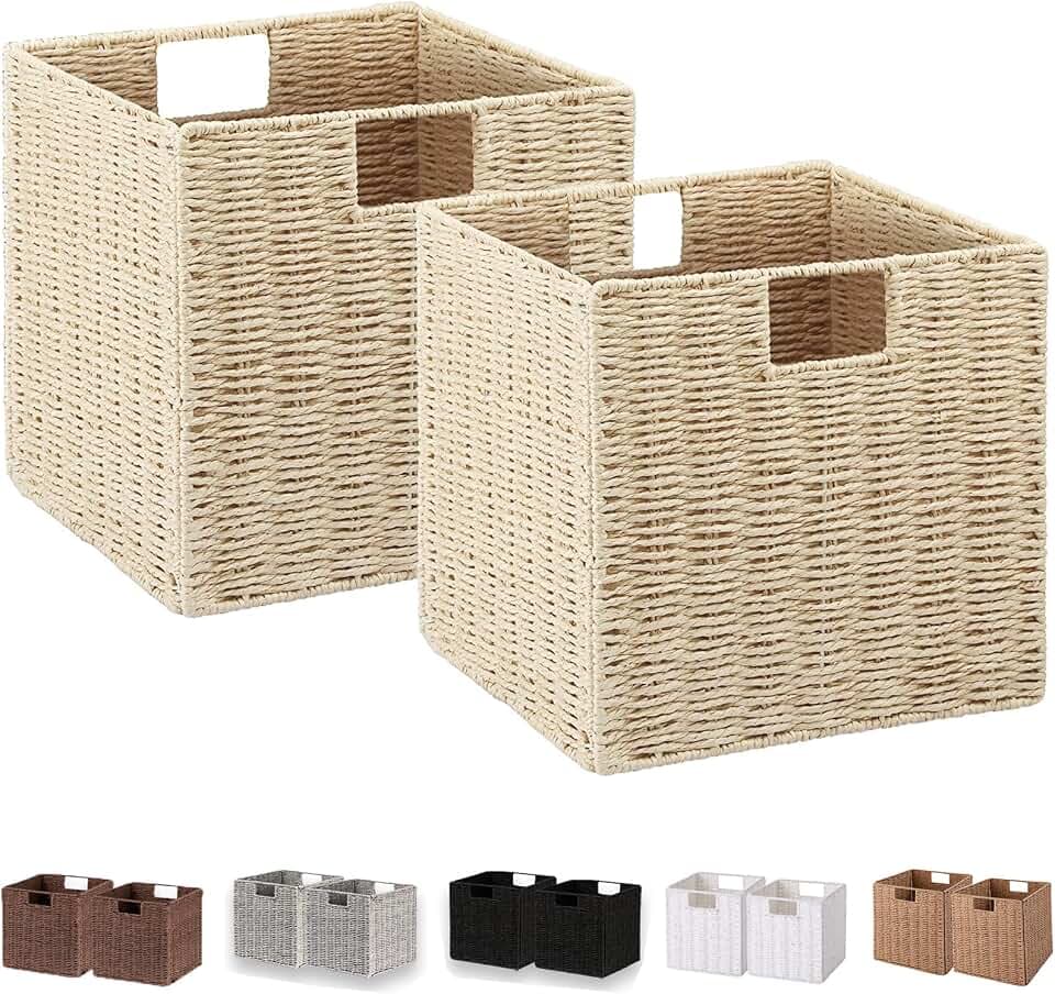 Vagusicc Wicker Storage Basket, Set of 2 Hand-Woven Paper Rope Storage Baskets, Foldable Cube Storage Organizer Bins, 11 Inch Wicker Storage Baskets for Shelves and Decor, Square Storage Basket, Beige
