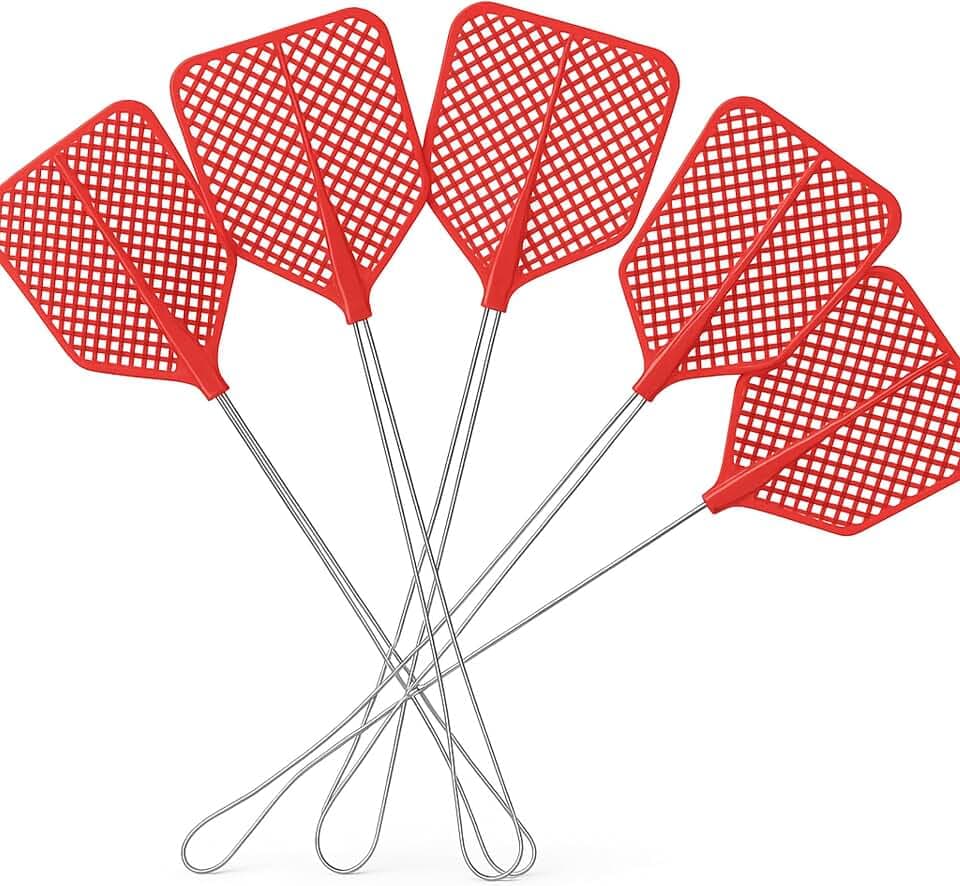 Fliegenklatsche, manuell, 43 cm, Griff aus Eisen, Flexible Schaufel aus rotem Kunststoff – Fliegenklatsche für Innen und Außen – gegen Fliegen, Mücken und Fliegende Insekten – Packung mit 5
