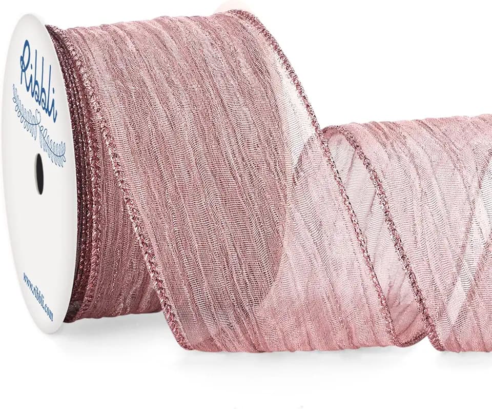 Ribbli Rose Pink Crinkled Wired Ribbon 2.5 Inch with Metallic Dusty Rose Wavy Christmas Ribbon for Cristmas Tree Topper Bow Wreaths Swags Gift Wrapping Wedding Decoration-Countinuous 10 Yard