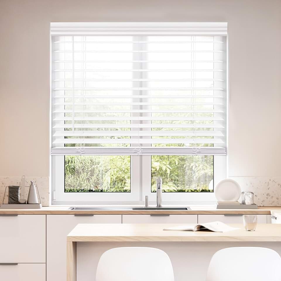 DEZ FURNISHINGS Cordless 2" Faux Wood Blind, For indoor & outdoor 35" W x 64" H, White