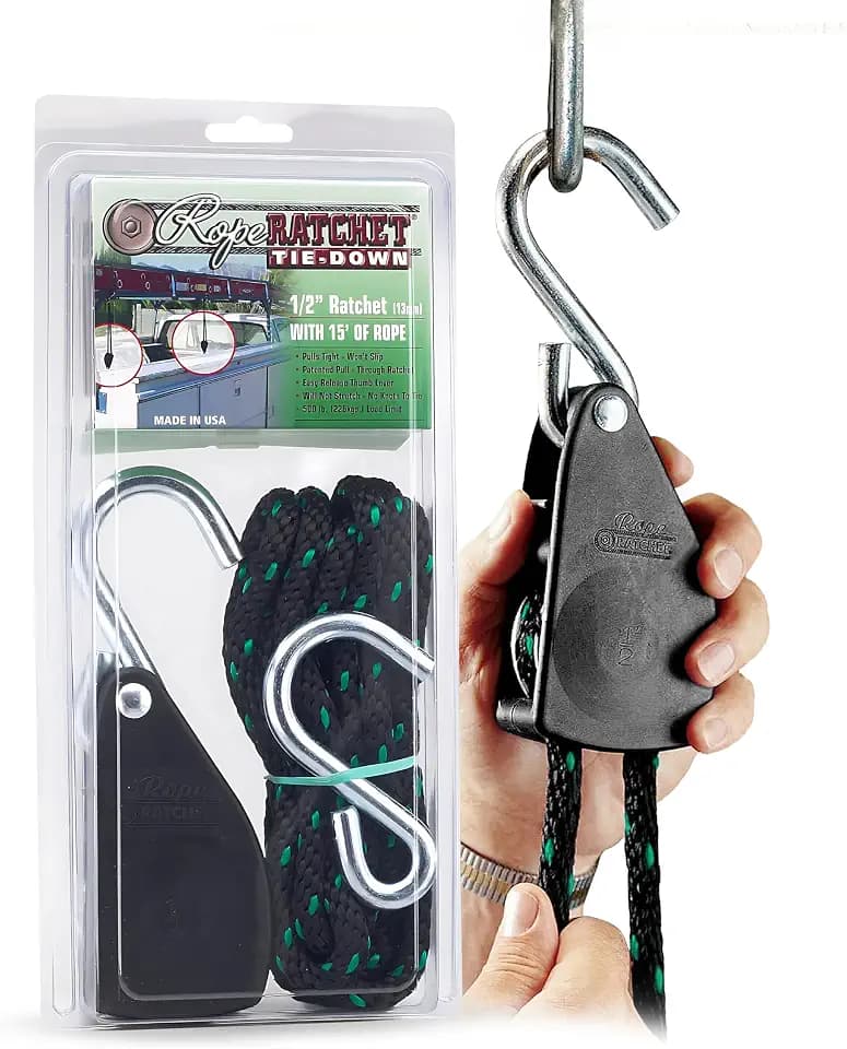 Rope Ratchet Strapazierfähiger 1,27 cm Hebezeug mit Feststellrolle, Verstellbarer Aufhänger für Wachstumslichter, Vordächer, Kajaks, 4,8 m geflochtenes Polypropylen-Seil, 227 kg Kapazität, ideal für