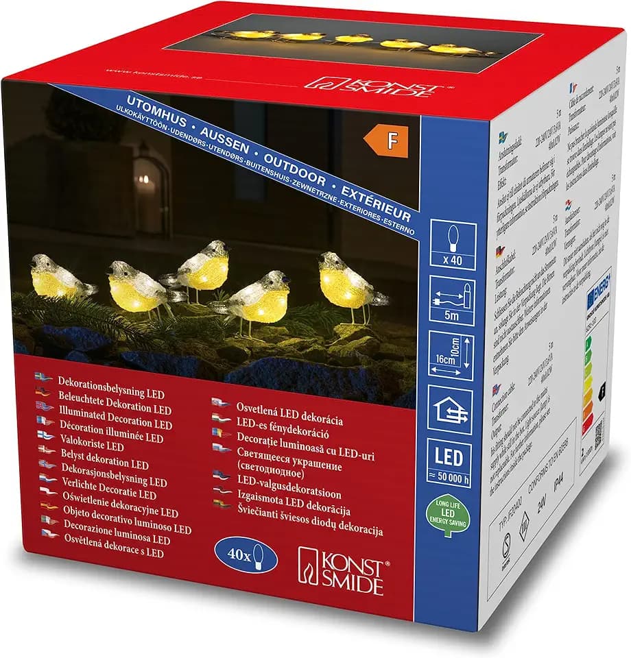 Konstsmide LED Acryl Vögel, 5er-Set, klar, 24V, Aussen (IP44), 40 warm weiße Dioden, weißes Kabel - 6291-103