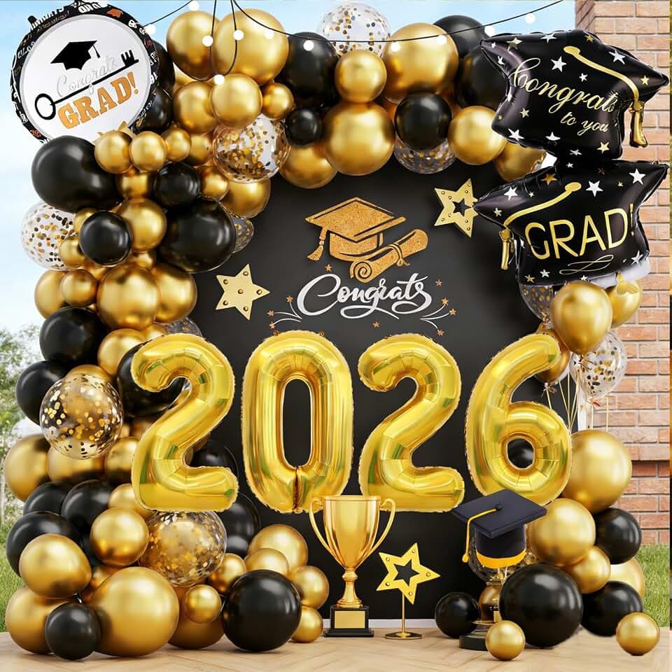 Black Gold Graduation Party Decorations 2026, Graduation Balloon Arch Kit with 32 Inch 2026 Number Balloons and Graduation Mylar Balloons Perfect for Class of 2026 Graduation Party Supplies