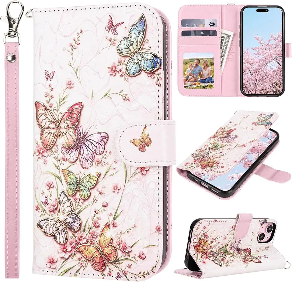 ULAK Compatible with iPhone 15 Wallet Case for Women Girls, Butterfly