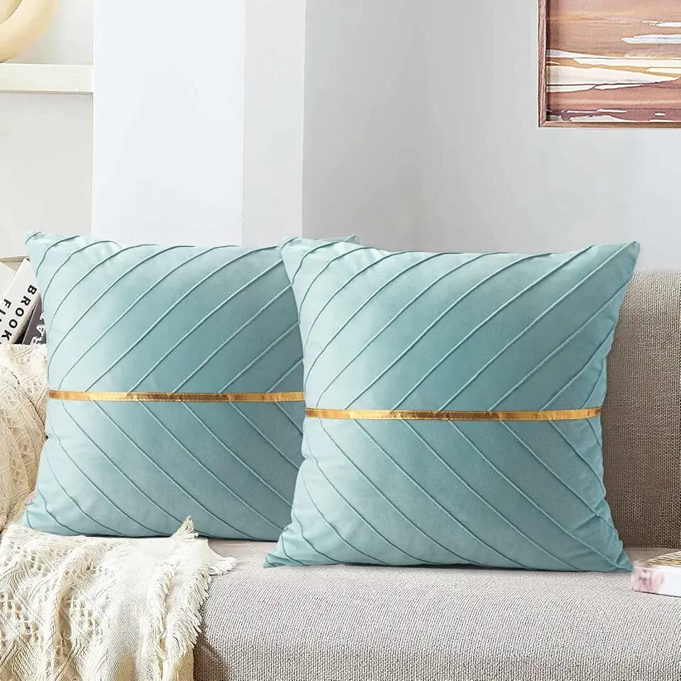 Kissenbezug Blaugrün Blau Golden Strip Decoration Petrol Deko Kissen Samt 50x50 cm Sofakissen Couchkissen Weich Zierkissenbezug für Wohnzimmer Schlafzimmer 2er Set
