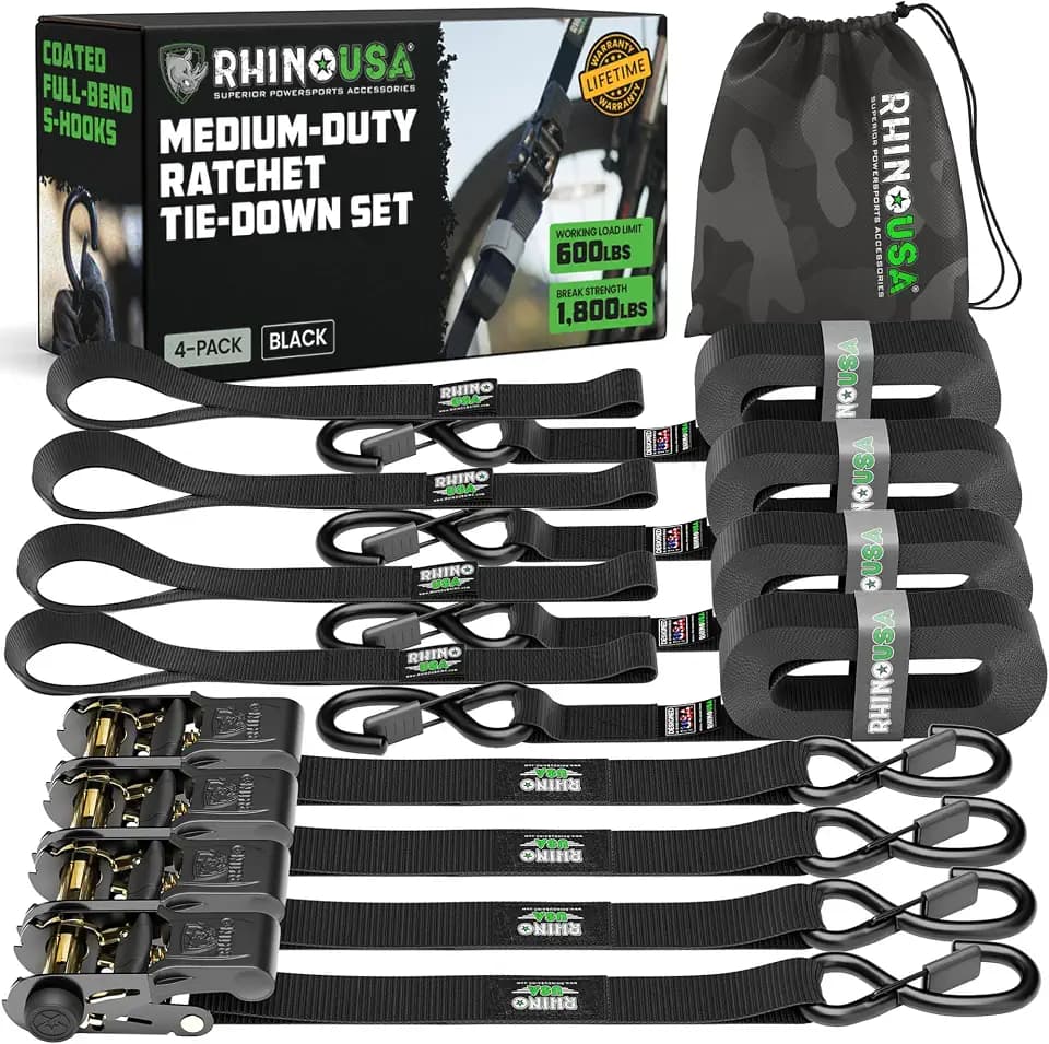 Rhino USA Ratchet Straps Tie Downs (4-Pack) - 1in x 15ft with S Hooks