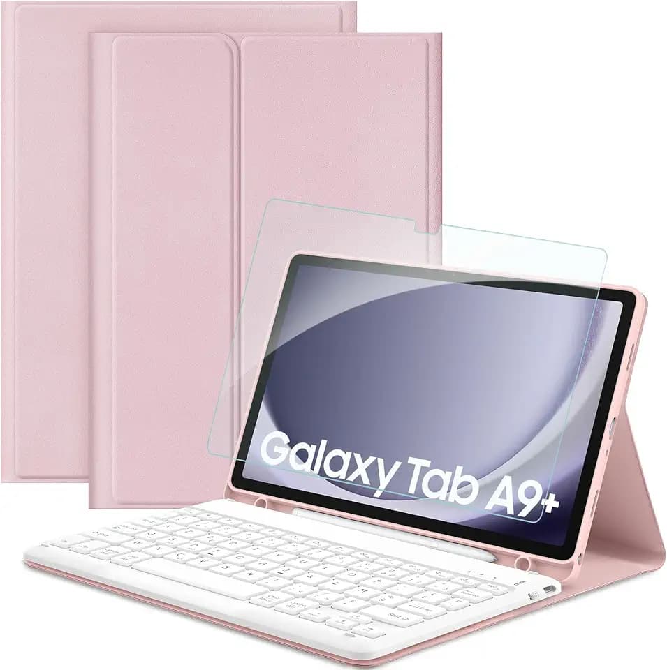 EasyAcc Tastatur Hülle Kompatibel mitSamsung Galaxy Tab А9+ 2023 SM-X210/X215/X216 11 Zoll mit Schutzfolie, [Französische], Abnehmbar Tastatur Schutzhülle mit Pencil Halter, Rosa