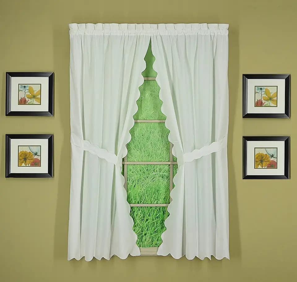 Today's Curtain, AMZ Orleans Scallop Curtain, White 63" Panel Pair and Tieback,4-Piece-Set, 60" W x 63" L, White
