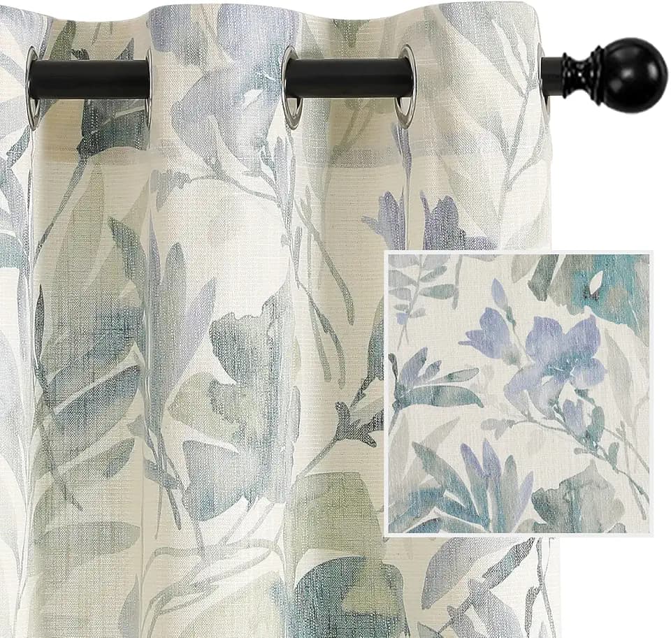MYSKY HOME Floral Curtains Linen Style Curtains 72 Inch Length Semi Sheer Curtains Light Filtering Curtains for Living Room Bedroom Floral Printing Window Treatment Grommet 2 Panels,Sage and Natural