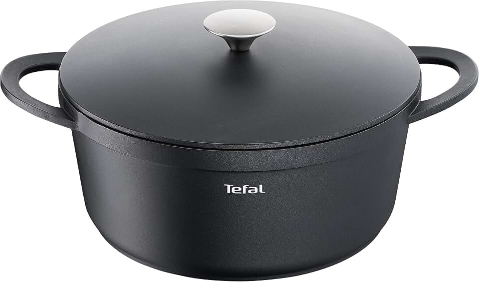 TEFAL Trattoria Schmortopf 28 cm, Bräter aus Aluguss, Antihaft-Beschichtung, Wärmespeicherung, für Schmorgerichte, Bratentopf, für alle gängigen Herdarten geeignet, Induktion, schwarz, E21853
