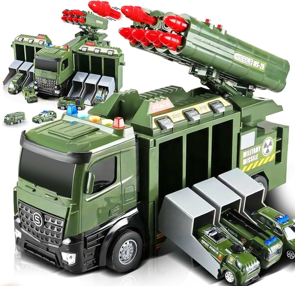 Militär-Abenteuer LKW Spielzeug, 32cm Druckguss-Transport-Truck mit Licht & Sound, 8 Projektilen & 6 Mini-Fahrzeugen, Öffnendem Heckfach zum Parken & Starten, Spielzeug ab 3 Jahren