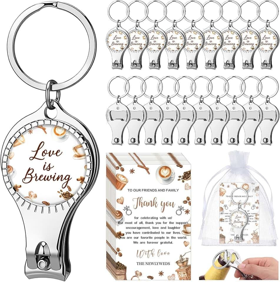 50 Sets Love is Brewing Bridal Shower Favor Wedding Souvenir for Guests Multi Function Bottle Opener Nail Clipper with Thank You Cards White Organza Bags Wedding Party Supplies Gift