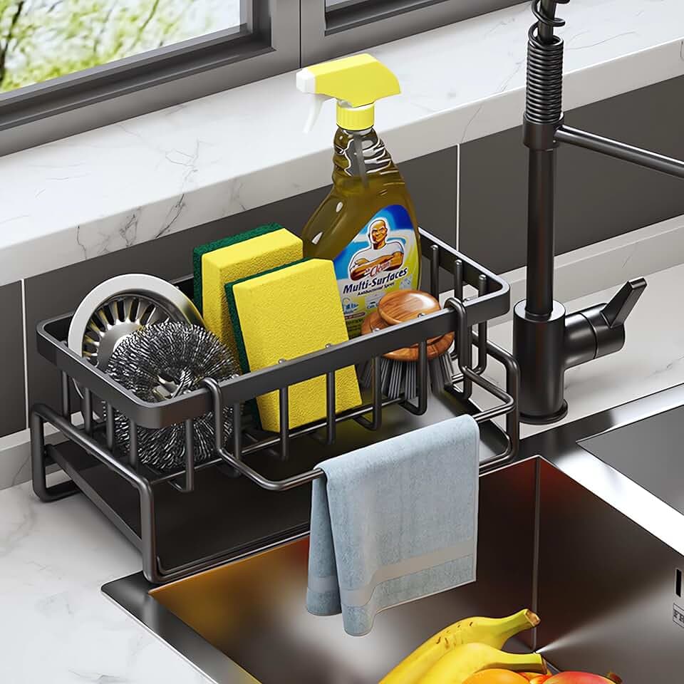 ViWaVee Spüle Küchen Organizer, Spülbecken Organizer Mit Selbstentleerender Ablaufwanne for Schwammhalter, Handtuchhalter, Spültuchhalter, Super Organizer für Küche und Badezimmer. (Schwarz)