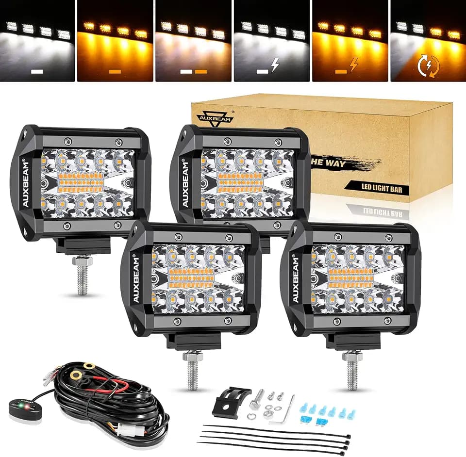 Auxbeam 4 Inch 240W LED Pods, Amber White Fog Light Strobe Lights, 4 Packs
