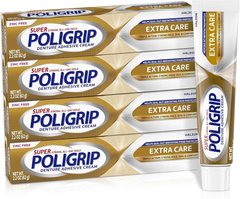 Poligrip Extra Care Denture Adhesive Cream, 2.2 oz (4 Pack)