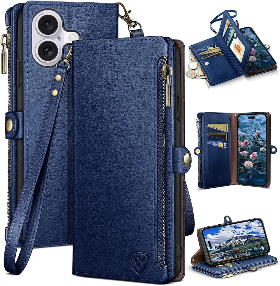 XcaseBar Compatible with iPhone 16 6.1" Wallet case with Zipper Credit Card Holder【RFID Blocking】,Flip Folio Book PU Leather Phone case Shockproof Cover Women Men for Apple 16 case Blue