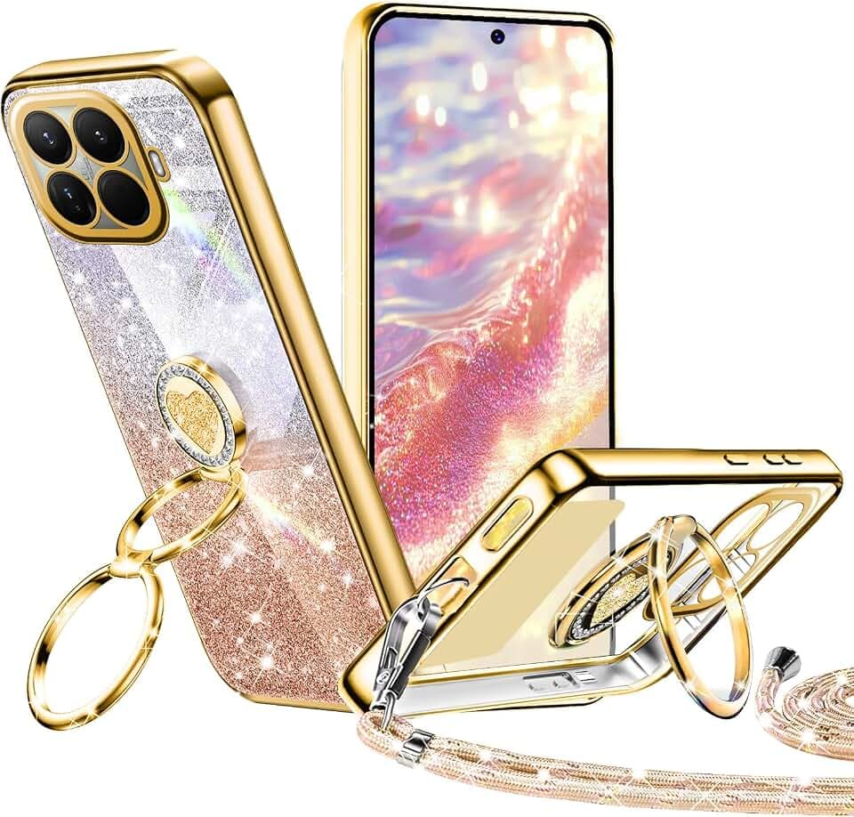 Tawarror Glitzer Handyhülle für Xiaomi 15T Pro Hülle mit Band, Galvanisierte Silikon TPU Schutzhülle mit Herzen Doppelring Ständer Kordel zum Umhängen, Gold