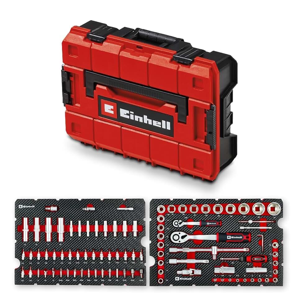 Einhell E-Case 92-tlg. Werkzeugkoffer Werkstatt | Werkstattausstattung | Bit-Zubehör | Stecknuss-Set | Umschaltknarren | Sechskant-Stiftschlüssel | Systemkoffer