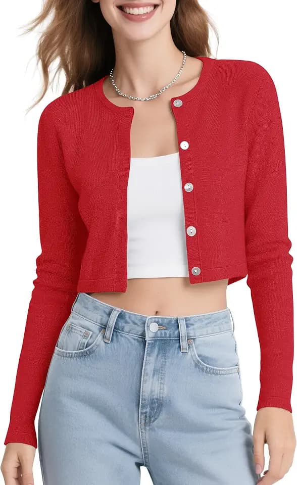 Urban CoCo Women's Long Sleeve Button Up Cropped Cardigan Sweaters for Women Crew Neck Short Bolero Shrug for Dresses