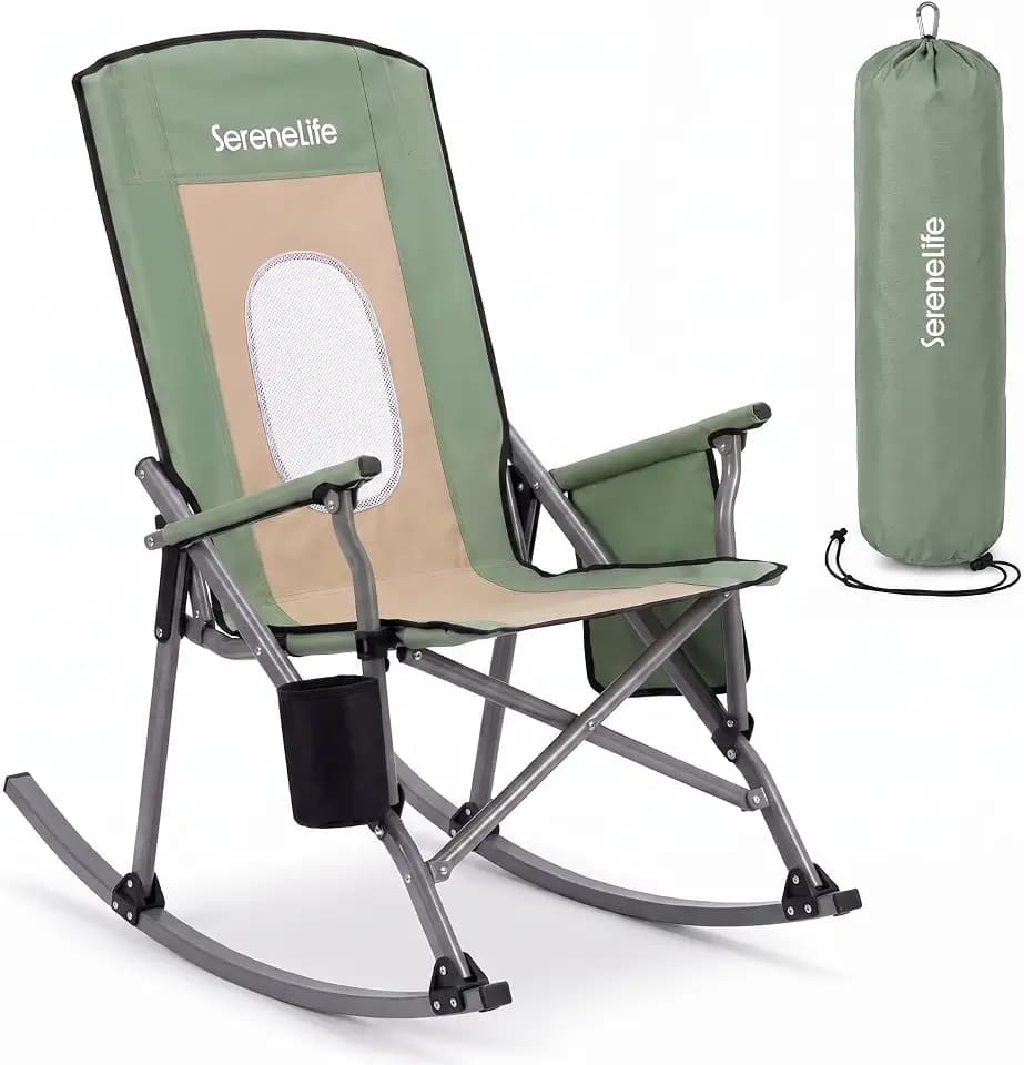 SereneLife High Back Folding Rocking Chair, Portable Camping Rocker with Cup Holder, Side Pocket & Carry Bag, Steel Frame, 250 lb Capacity, Ideal for Camping, Tailgating & Picnics, Green