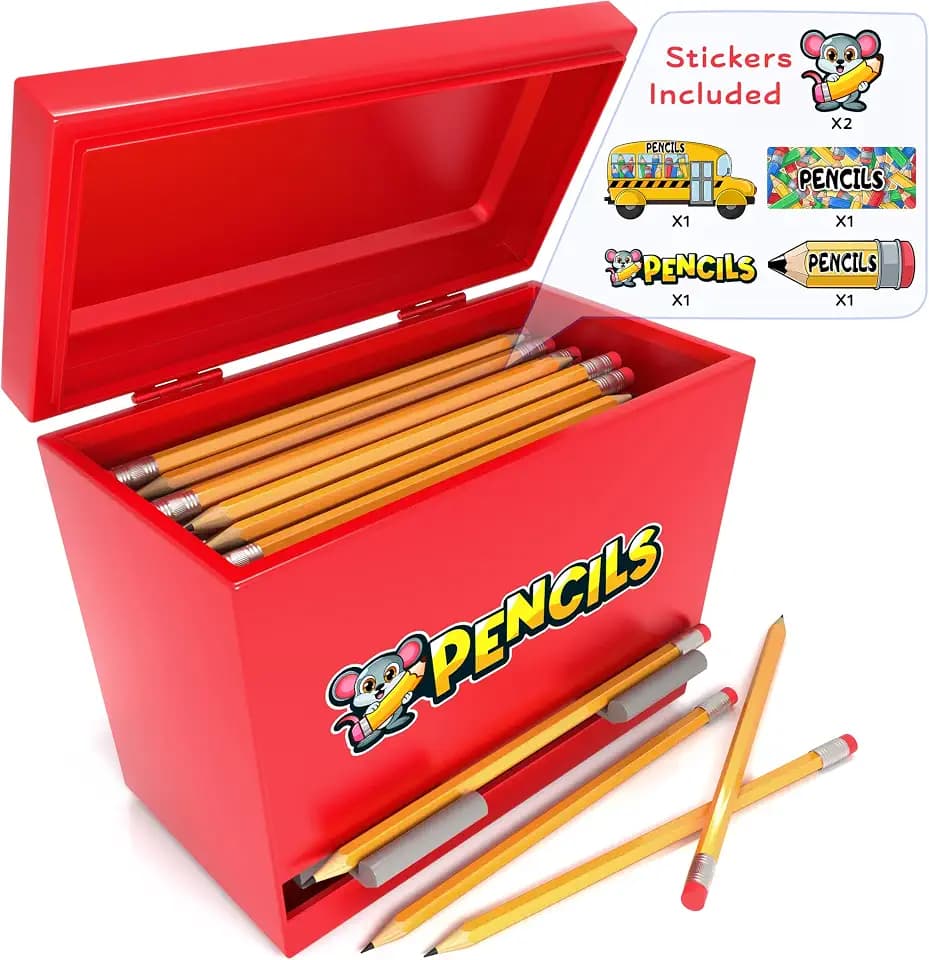 Kiggos Pencil Dispenser Holder for Classroom, Red Stainless Steel, Holds 200 Pencils and Straws, 6 Decorative Stickers, Teacher Desk Essentials for Elementary and Preschool Home Office