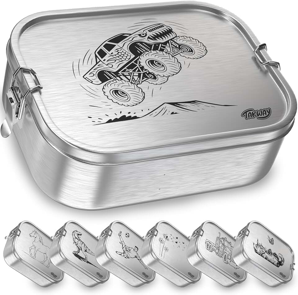 Edelstahl Brotdose mit Fächern 800ml – Auslaufsichere Lunchbox für Kinder & Erwachsene, Bento Box mit flexibler Unterteilung, für Kindergarten, Schule & unterwegs (Monstertruck, 3-Fächer)